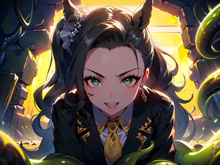 (Upper body POV, cracked black wall, buried in tentacles, surrounded by tentacles, cool girl, collared, lace, mafia boss suit, horse ears, slicked back, ponytail, wavy hair, super long hair, crawling on all fours, beast pose, ferocious smile, highlight emp...