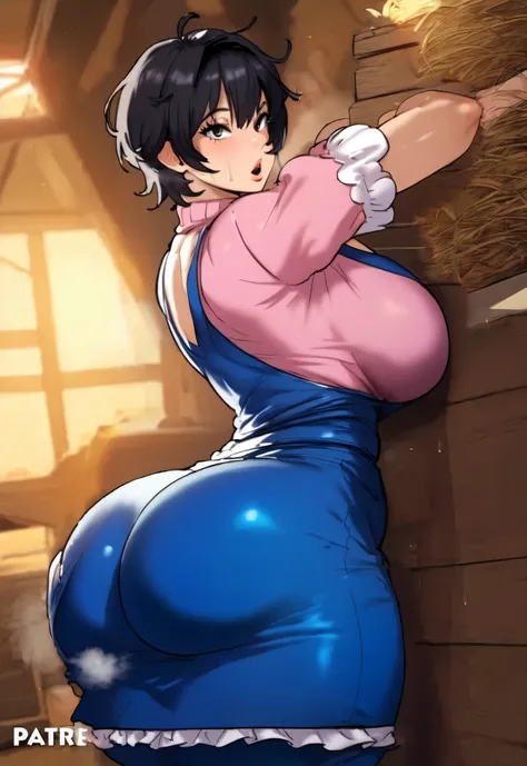  A girl with short black hair with a huge ass wearing a dress attached to her short body 