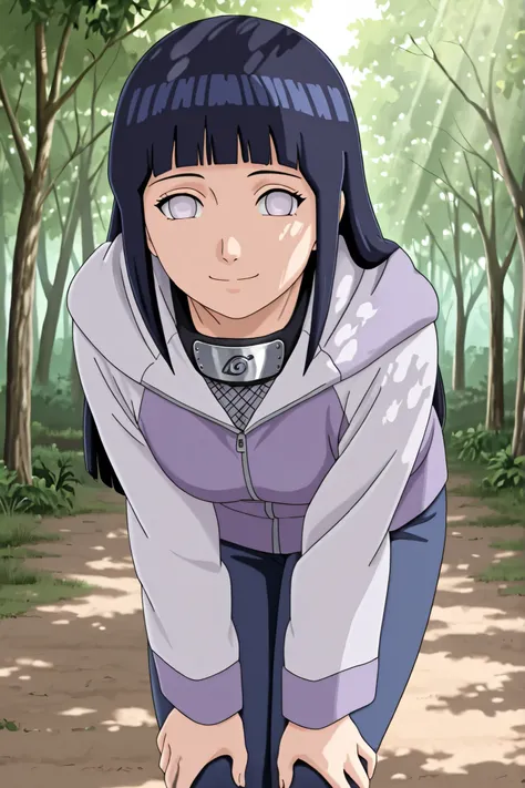 1 girl, alone, looking at viewer, smile, Hinata Hyuga, long hair, straight bangs, dark blue hair, light eyes, forehead protector, Konohagakure symbol, purple and white hooded jacket, fishnet stockings, blue pants, (leaning forward, hands on legs, outdoors,...