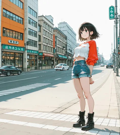 1girl, shorts, short_hair, black_footwear, jewelry, solo, boots, earrings, denim, full_body, shirt, smile, raglan_sleeves, simple_background, breasts, denim_shorts, white_background, black_eyes, brown_hair, short_sleeves, arms_behind_back, crop_top, black_...