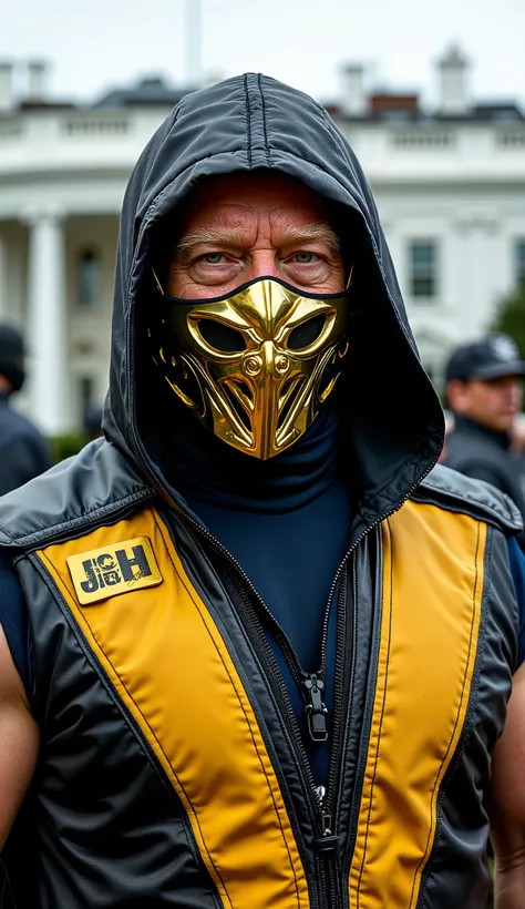 Donald Trump hyper realistic like Scorpion from Mortal Kombat in high quality with his yellow and gold metal mask, Background the United States government white house in high quality with some security around, Upper body only 