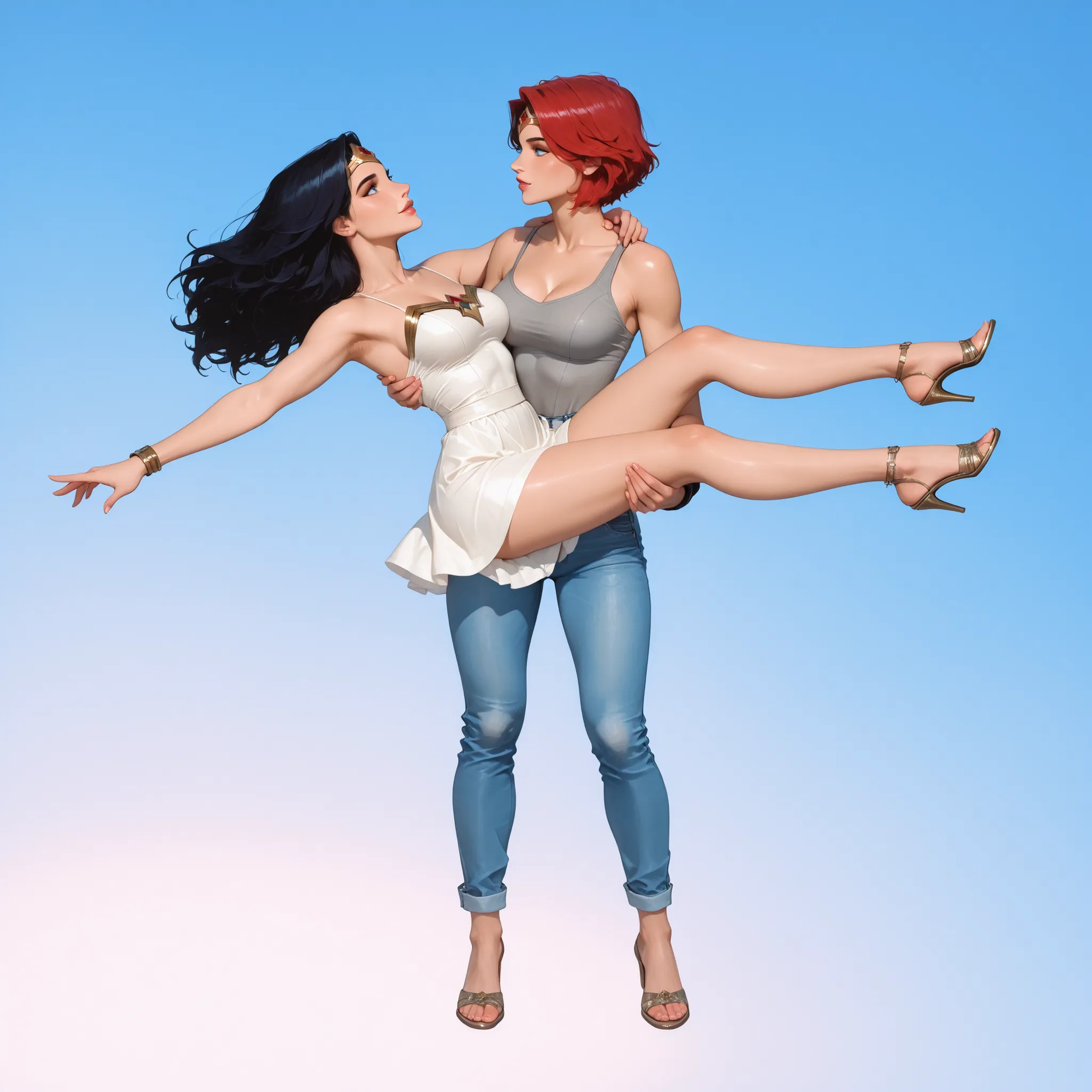 2girls, lesbian couple, digital painting, hot DC_Comics_Wonder_Woman  is being lifted in the air by her strong girlfriend ALVI (arcane), DC_Comics_Wonder_Woman has long black hair and wearing a silky white short dress and her gold tiara, ALVI is standing u...