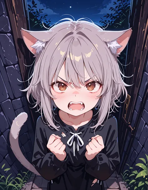 Minimalist Coloring, Fancy coloring, mitsumi, tinosquare,, 1girl, petite, (skinny and frail:0.7), cat girl, against wall, stone wall, brown eyes,looking at viewer, grey hair, medium hair, messy hair, angry, (scared:0.4), (open mouth:0.5), fangs, hands up, ...
