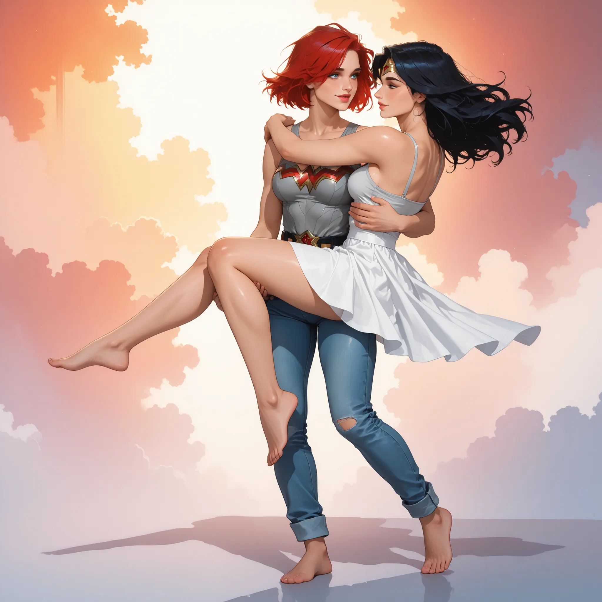 2girls, lesbian couple, digital painting, hot DC_Comics_Wonder_Woman  is being lifted in the air by her strong girlfriend ALVI (arcane), DC_Comics_Wonder_Woman has long black hair and wearing a sexy white short dress and is being carried by partner, ALVI i...