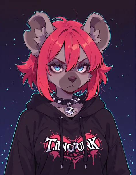 Minimalist Coloring, Fancy coloring, mitsumi, tinosquare,, 1girl, solo, anthro hyena, furry, furry female, blue eyes, punk, grey fur, black hoodie, breast, spike collar, red hair,