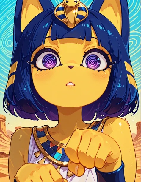 Minimalist Coloring, Fancy coloring, mitsumi, tinosquare,, depth of field, 1girl, furry, ankha \(animal crossing\), expressionless, eye reflection, yellow background, yellow theme, blue background, desert, spiral eyes, purple eyes, glowing eyes, wide-eyed,...