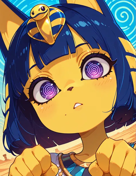 Minimalist Coloring, Fancy coloring, mitsumi, tinosquare,, depth of field, 1girl, furry, ankha \(animal crossing\), expressionless, eye reflection, yellow background, yellow theme, blue background, desert, spiral eyes, purple eyes, glowing eyes, wide-eyed,...