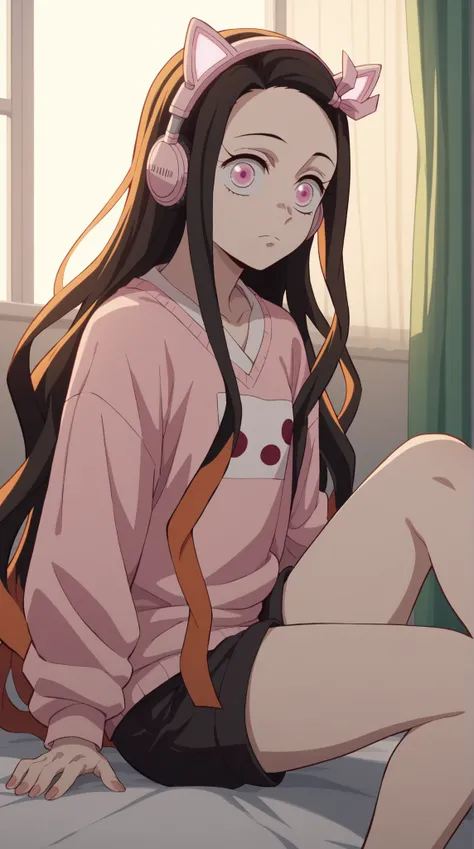 A front-facing anime girl with Nezuko Kamado’s features, viewed through a facecam as if livestreaming. She has long, straight hair with black roots fading into orange tips, parted gently with no bangs, and a pink ribbon tied to the right side. Her pink eye...