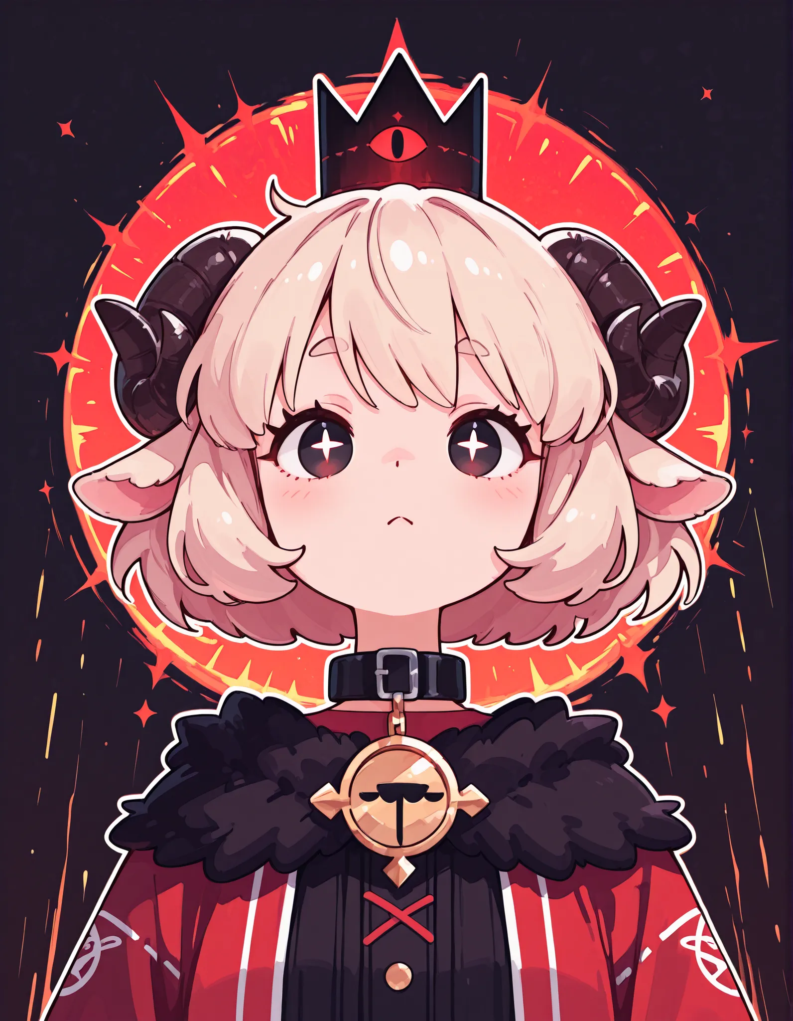 Minimalist Coloring, Fancy coloring, mitsumi, tinosquare,, masterpiece, best quality, very aesthetic, 1girl, solo, cult of the lamb, sheep girl, collar, horizontal pupils, red/black eyes, red crown,