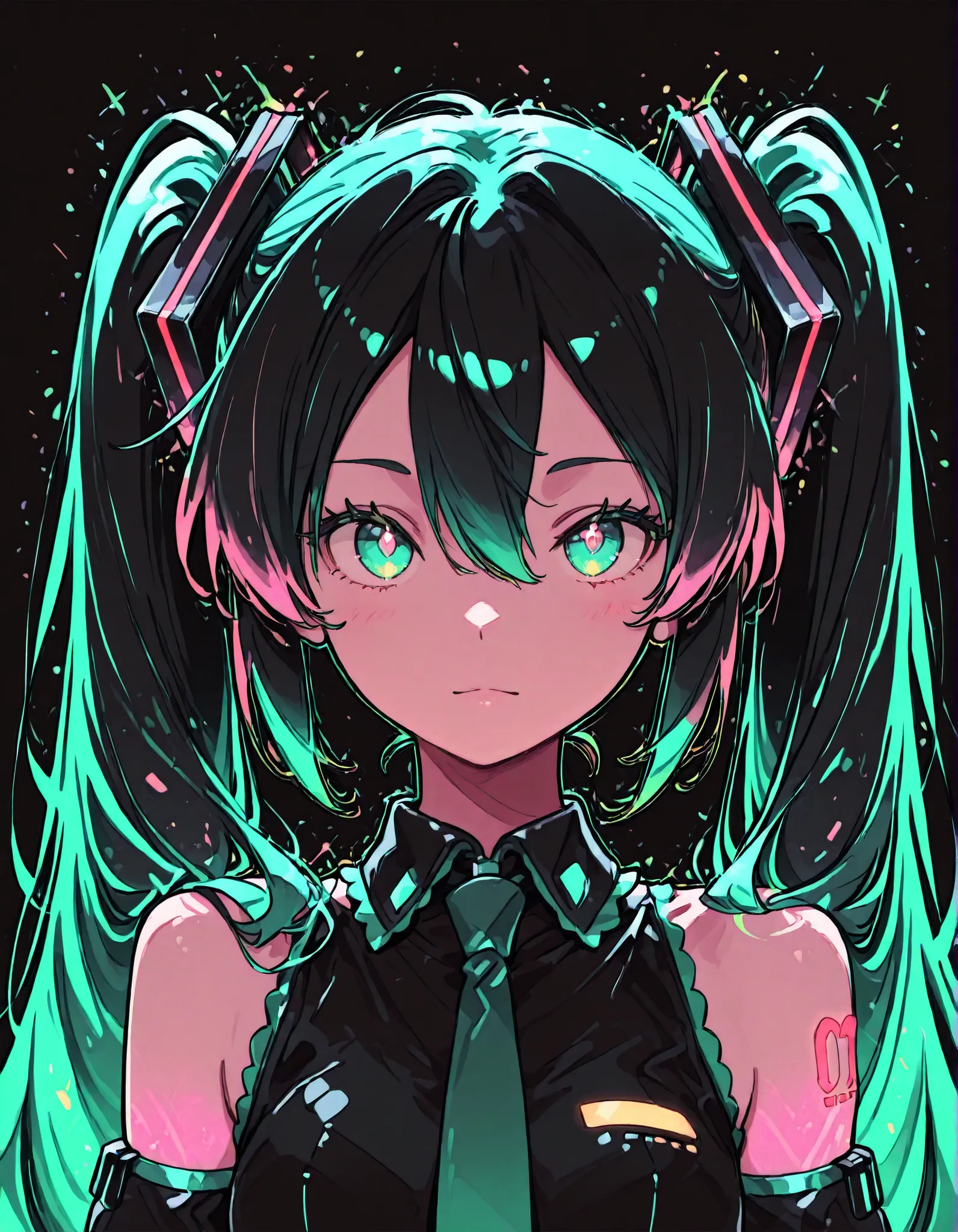 Minimalist Coloring, Fancy coloring, mitsumi, tinosquare,, Hatsune Miku,limited palette,black background,colorful,vibrant,glowing outline,neon,blacklight,looking at viewer, masterpiece, very aesthetic
