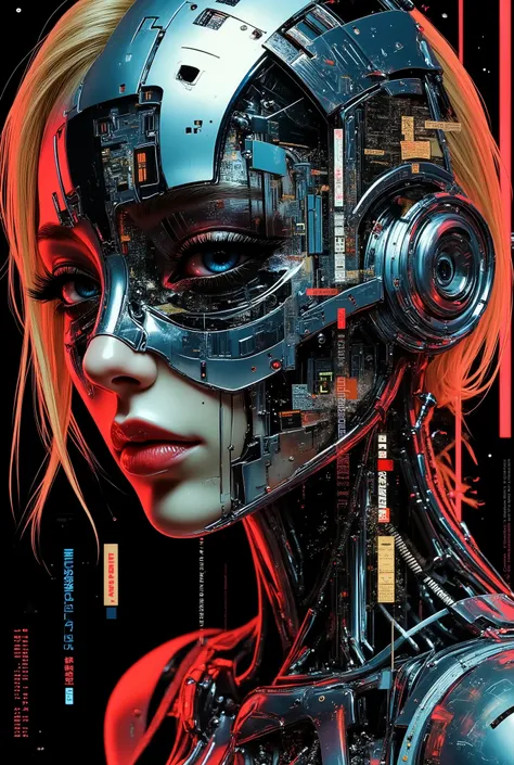 Photorealistic, ultra-high-definition double exposure artwork of a futuristic goddess-like robot woman set against a sprawling sci-fi cityscape. Her portrait is framed with immaculate precision—face angled slightly down, eyes forward, lined in smudged blac...