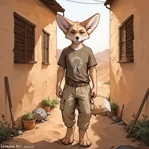 "anthropomorphic fennec mercenary, Far Cry 2 art style, standing in narrow alley between sandstone buildings, semi-desert environment, dusty atmosphere, golden hour lighting, realistic textures, worn clothing, faded olive t-shirt, tan cargo pants, leather ...