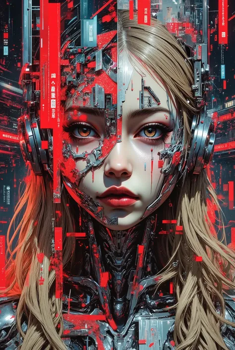 Photorealistic, ultra-high-definition double exposure artwork of a futuristic goddess-like robot woman set against a sprawling sci-fi cityscape. Her portrait is framed with immaculate precision—face angled slightly down, eyes forward, lined in smudged blac...