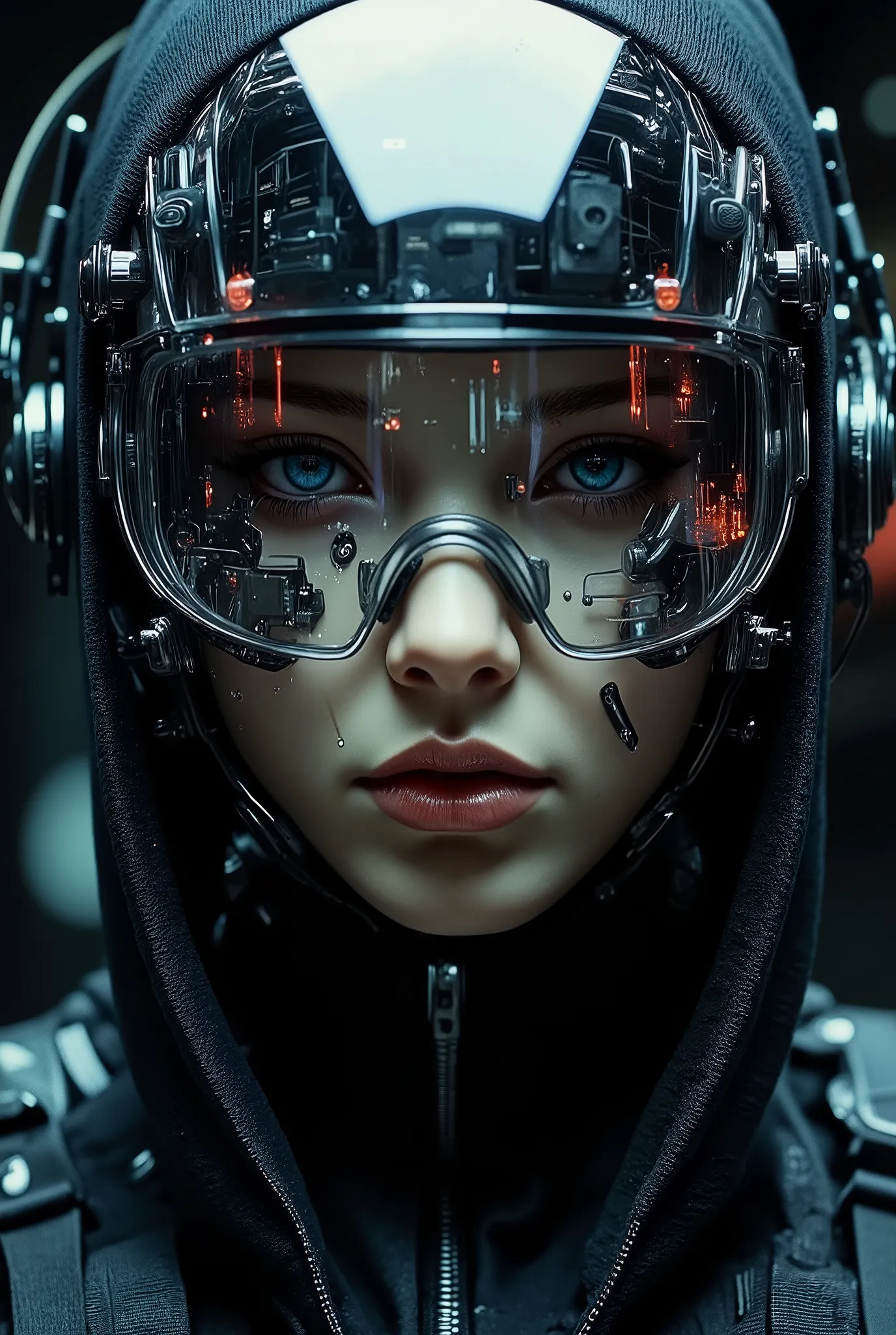 Hollywood Cinematic Film style, epic photography, dramatic light, Kodak film style, close-up, shadowy cyber-enhanced sniper, hooded female operative wearing a high-tech augmented combat suit, biomechanical facial implants visible beneath her partially tran...