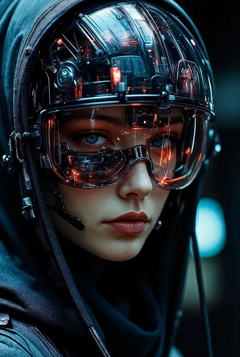 Hollywood Cinematic Film style, epic photography, dramatic light, Kodak film style, close-up, shadowy cyber-enhanced sniper, hooded female operative wearing a high-tech augmented combat suit, biomechanical facial implants visible beneath her partially tran...