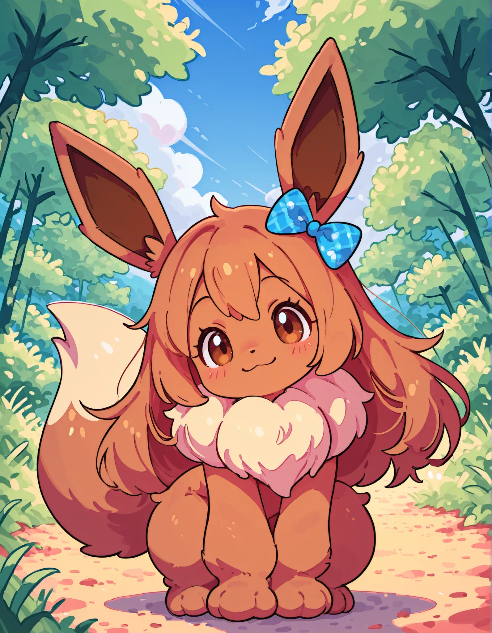 Minimalist Coloring, Fancy coloring, mitsumi, tinosquare,, pokekid, eevee, fluffy girl, furry girl, female, smile, smiling, has a big pretty bow in her hair, has animal paws for hands, 1girl, best quality, outdoors, high definition, cute,