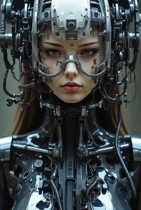 Close-up, female, solo, looking at viewer, portrait, science fiction, business suit, cybernetic, shiny skin, full body