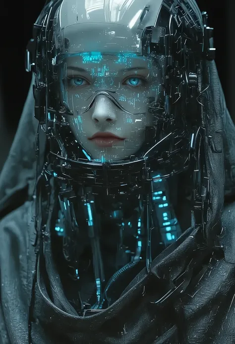 Hollywood Cinematic Film style, epic photography, dramatic light, Kodak film style, close-up, shadowy cyber-enhanced sniper, hooded female operative wearing a high-tech augmented combat suit, biomechanical facial implants visible beneath her partially tran...