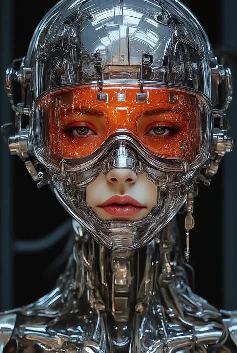 Close-up, female, solo, looking at viewer, portrait, science fiction, business suit, cybernetic, shiny skin, full body