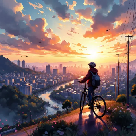 (masterpiece:1.2,  EXCEPTIONAL QUALITY  ,Mirror Finish  , Cinematic experience  ,  best illustration  ),  Ultra thin ,  very detailed ,8 k,16 thousand., wallpaper,Back view of a boy , biking,View of the city from a small hill, nostalgic, anime illustration...