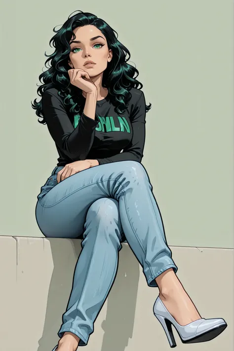 from_below, 1girl, solo, black_hair, wavy_hair, green_eyes, black_t-shirt, long_sleeves, blue_jeans, white_shoes, slingshot_mules, high_heels, sitting, crossed_legs, hand_on_own_chin, looking_at_viewer, simple_background