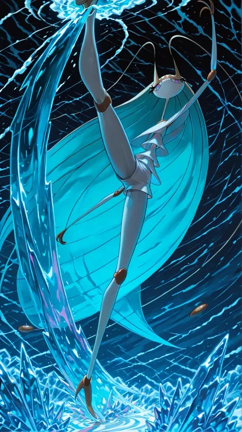 Pheromosa from Pokemon, White Body, Thin Waist, Very Thin Waist, Wasp Waist, Solo,vibrant colors, cel shading, Simplistic Art Style, solo,((jumping kick:1.3)),(action),((acrobat)),(ice storm effect:1.6)