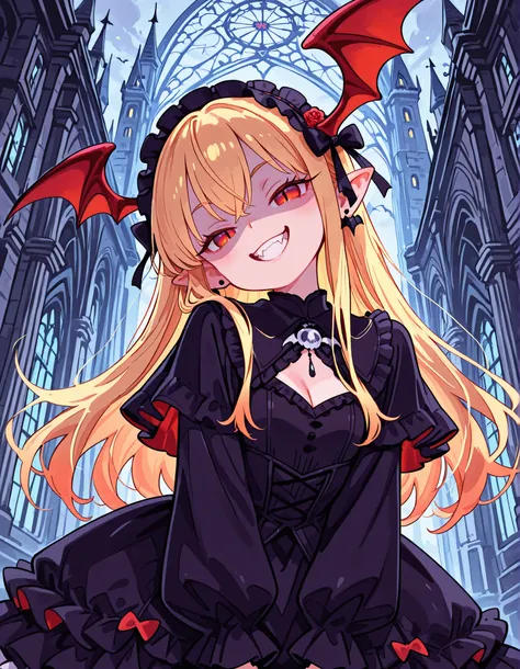 Minimalist Coloring, Fancy coloring, mitsumi, tinosquare,, VaniVampy, vampy, vampire girl, 1girl, solo, very long blonde hair, bangs, red eyes, head wings, pointy ears, fangs, slit pupils, black dress, gothic, long sleeves, frills, frilled dress, puffy lon...