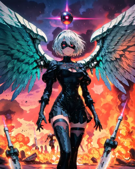 A high-action, cinematic aerial battle scene inspired by NieR: Automata. 2B is flying in her sleek white Flight Unit, her iconic black outfit and short white hair visible in the cockpit as she soars through the cloudy industrial sky. Beside her, a striking...