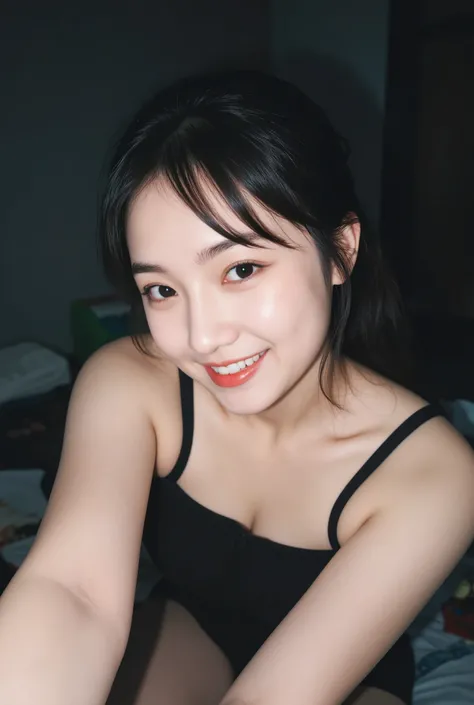 Amateur shot a pov of a instagram Selfie. Playful grin, suggestive, Best Quality、8k、masterpiece、realistic, Selfie, Instagram Post, instagram photo, sitting on a messy bed, in a Chinese student dorm, camera flash, face exposed, dark background, photo taken ...