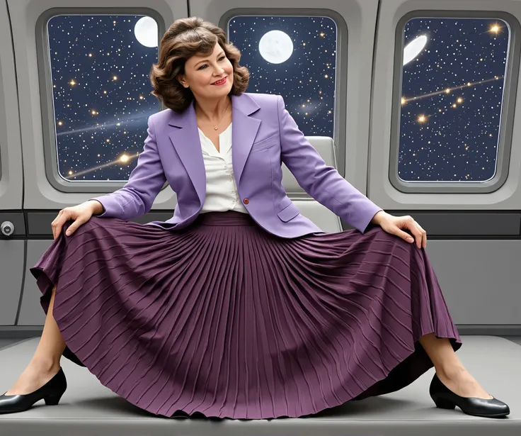 In an interstellar office adorned with vintage charm, a demure, mature therapist, dressed in a crisp uniform jacket and a blouse, reveals her alluring feminine grace. Her long, pleated skirt flows dramatically as the subtly lifts it, each fold a testament...