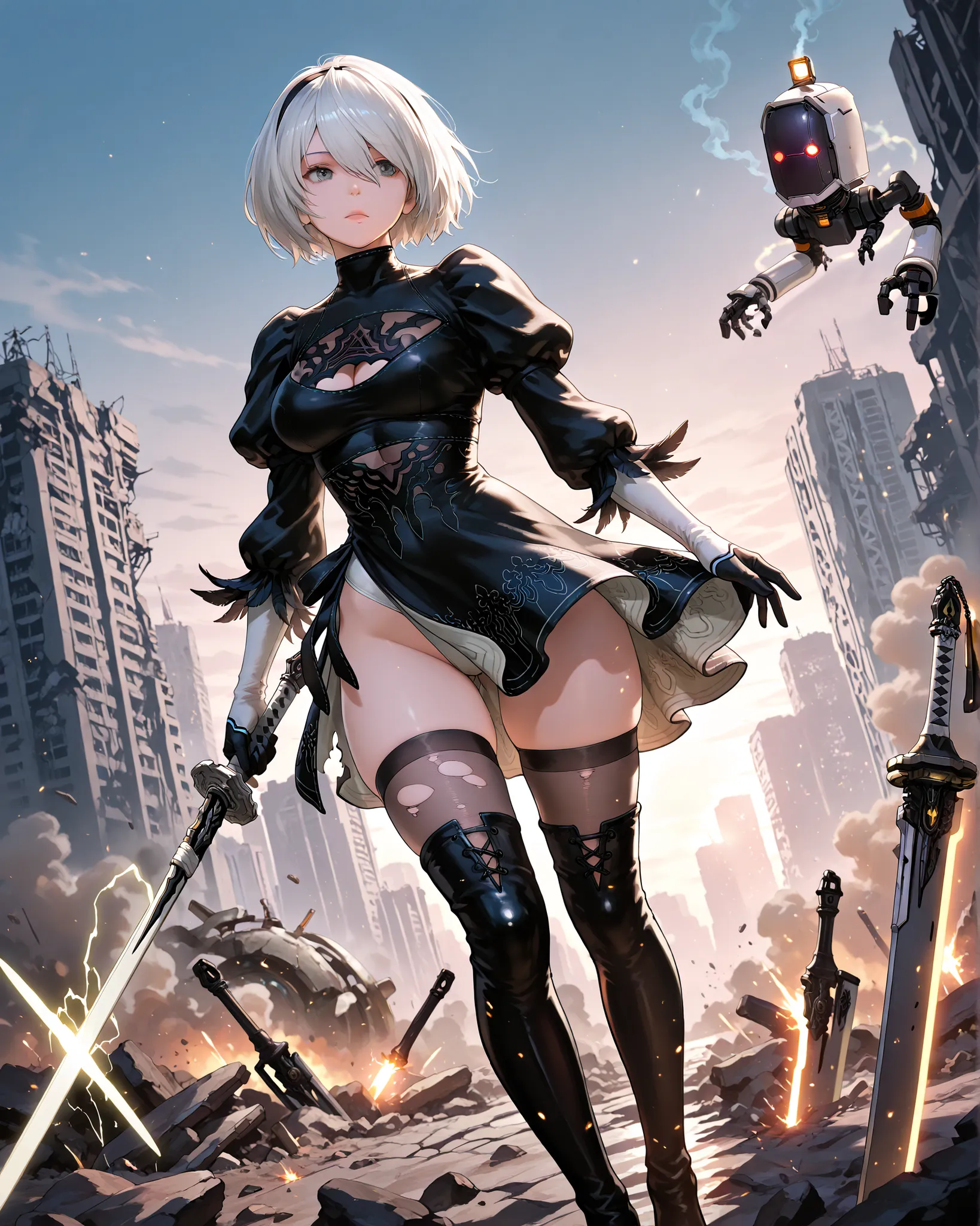  A breathtaking cinematic showdown between two iconic heroines — 2B from NieR: Automata and Eve from Stellar Blade — locked in an intense duel. The scene captures the exact moment their blades clash mid-air, generating a burst of glowing sparks and a shock...
