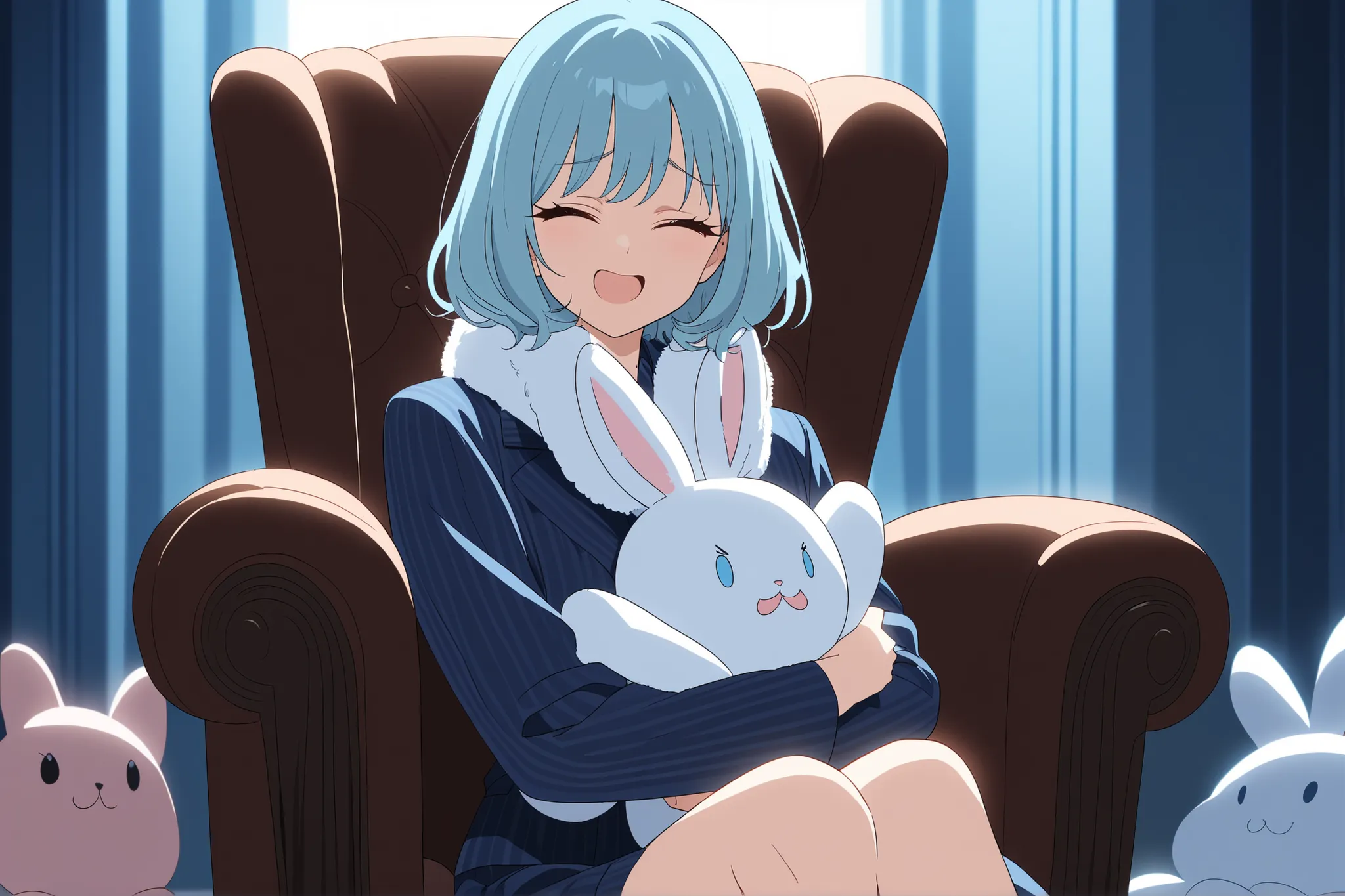 winking, wink, A middle school girl who is the boss of a powerful gang, wearing an oversized blue pinstripe suit that hangs loosely on her small frame. A fluffy white stole wraps around her neck. She sits on an elegant leather chair, hugging a rabbit plush...