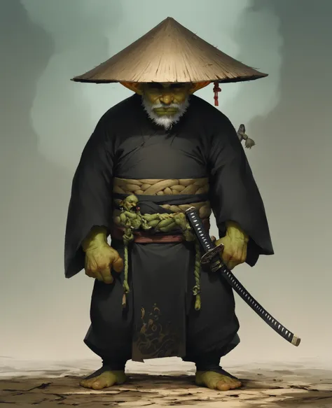 1 boy, goblin, green skin, fantasy,solo focus,epic, ronin, black ronin hat covering face, cool, Japanese ronin attire, 1 katana, black clothes, full body, small, tiny, old man, long Chinese style black beard, in the middle of a fantasy town backround