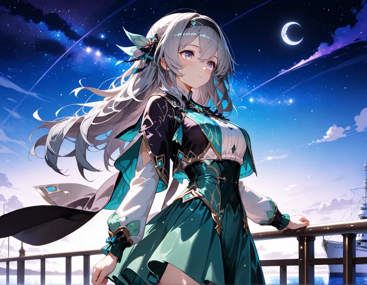 high quality, masterpiece, detailed, 8K, beautiful lighting, five fingers, anime style, vibrant colors, A fantastical, fleeting blue-purple night sky, with a crescent moon and stars shining in the sky. A girl is standing at the top of the deck of a flying ...