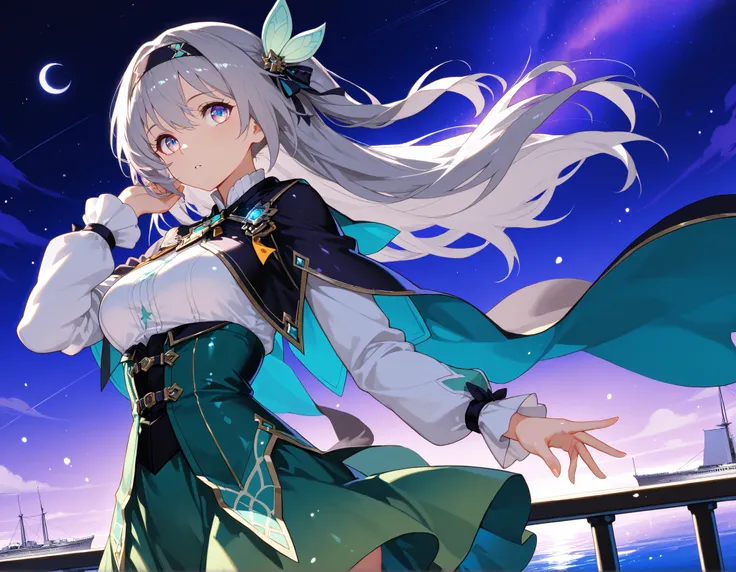 high quality, masterpiece, detailed, 8K, beautiful lighting, five fingers, anime style, vibrant colors, A fantastical, fleeting blue-purple night sky, with a crescent moon and stars shining in the sky. A girl is standing at the top of the deck of a flying ...