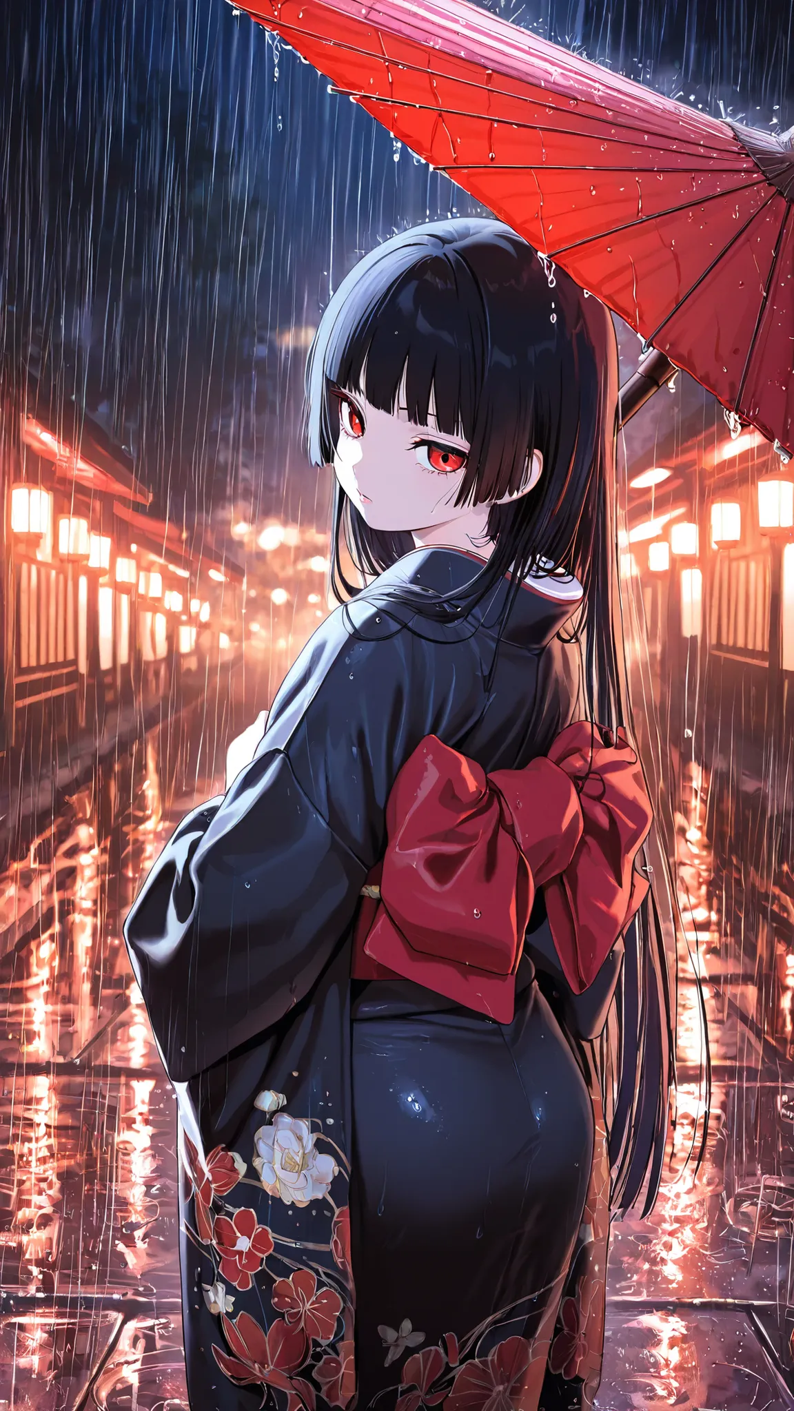 masterpiece, High Quality,  High Quality , Newest,  night,rain,Outdoors,glare,break looking at the viewer 
One Girl, Alone, 
Enma Ai,  kimono,  long hair,  black hair,  luxurious embroidered kimono , Home Cut, Bang, blunt Bang,  jewelry, black kimono,  Red...