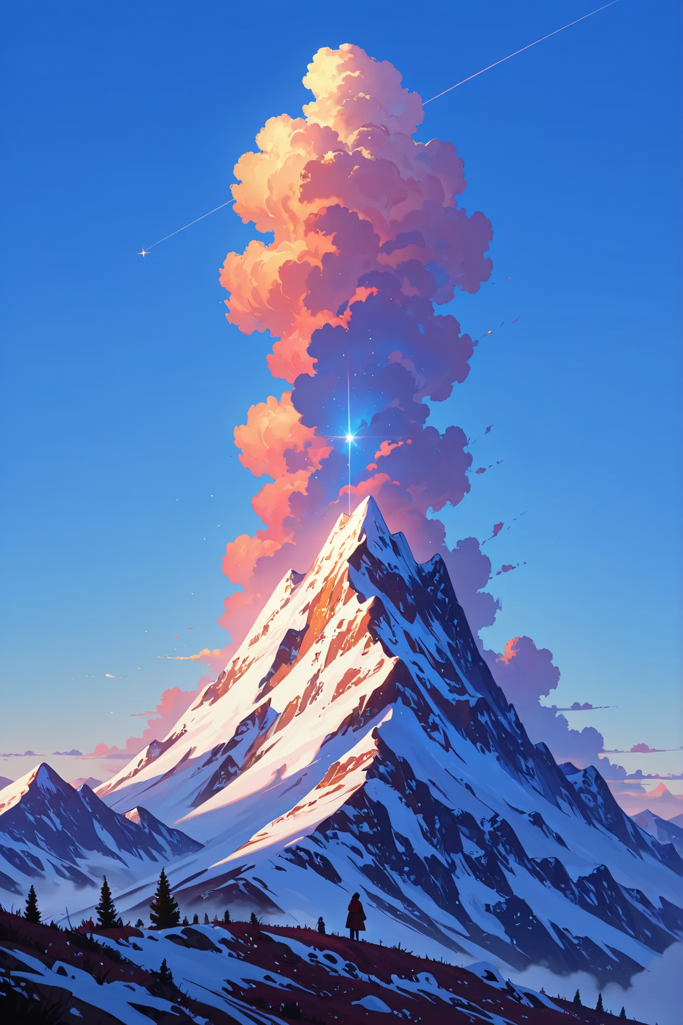 mountain top, bright, day light, the sky is filled with beautiful colors. 