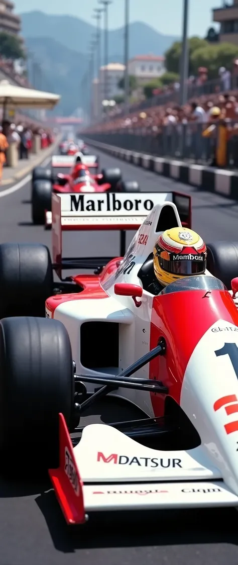 highdefinition images、F-1 Monaco Grand Prix、1991 McLaren Honda MP-4-6、Details F-1 machine、detailed MP-4-6 Marlboro color image、number1、Ayrton Senna is the driver、Tension Before Start、I'm in the front row of the starting grid