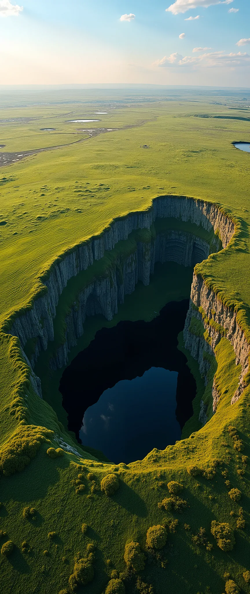 highdefinition images、 russian 、seen from a helicopter flying over the Siberian tundra steppes in early summer、Huge sinkhole、gaping sinkhole in the prairie
