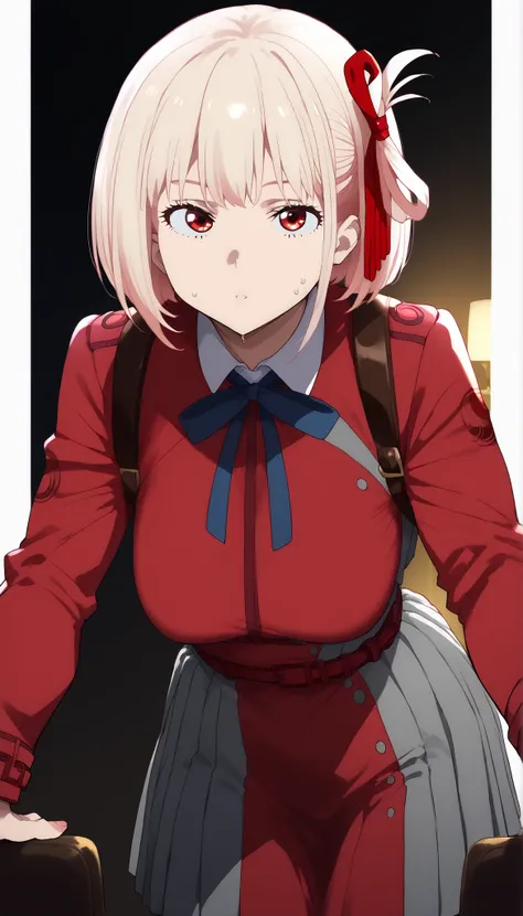 hyperrealistic, Nishikido Chisato , short hair, Bang, blond hair, red eyes, hair ribbon, On one side, bob cut,
shirt, long sleeve, dress, ribbon, white shirt, collared shirt, belt, neck ribbon, red dress, blue ribbon, pleated dress, grey dress, two-tone dr...