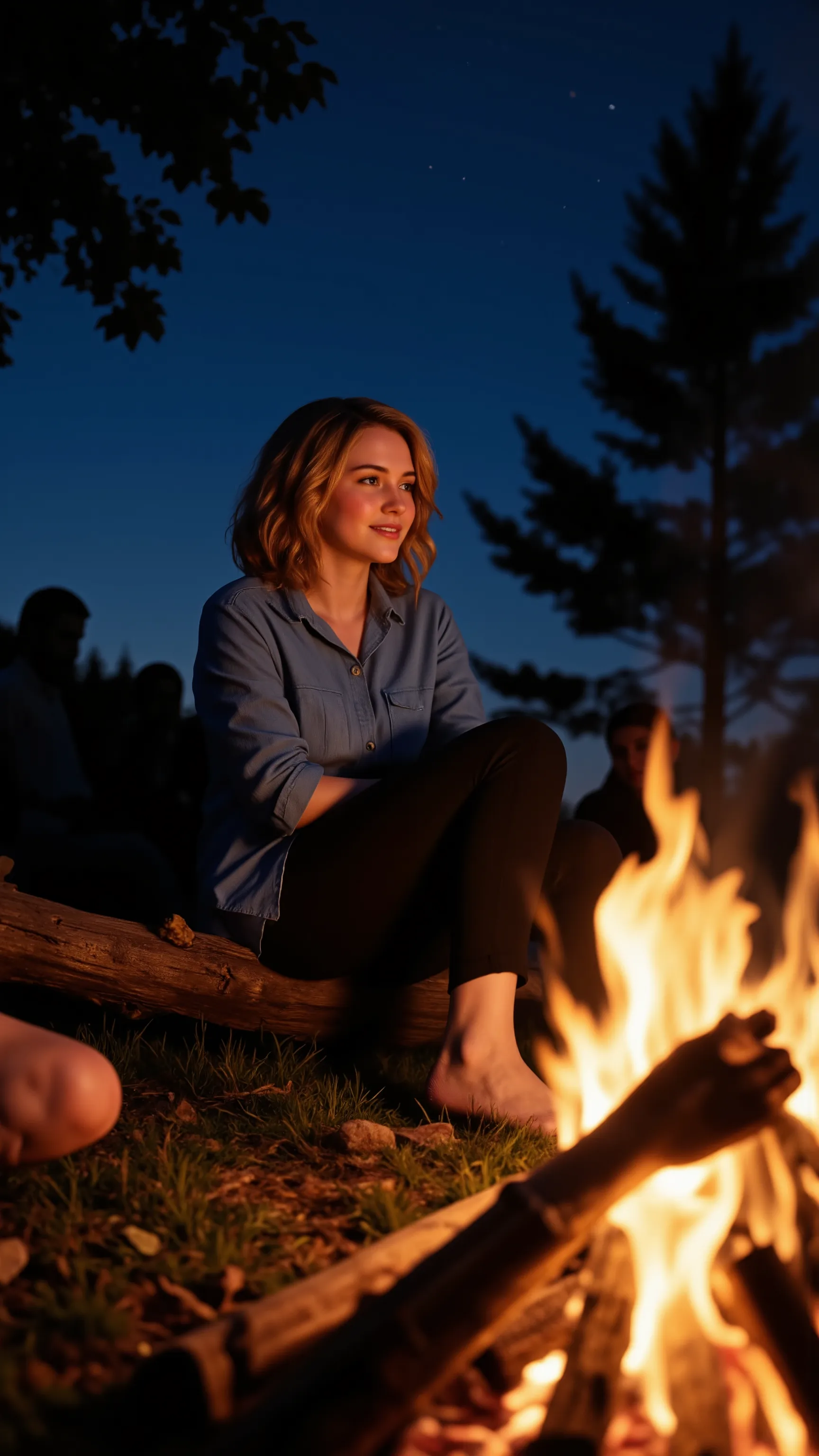 highdefinition images,campfire、Beautiful woman、sit on a tree stock in a blue shirt and black pants style、I'm watching the fire、A fun time with a few friends