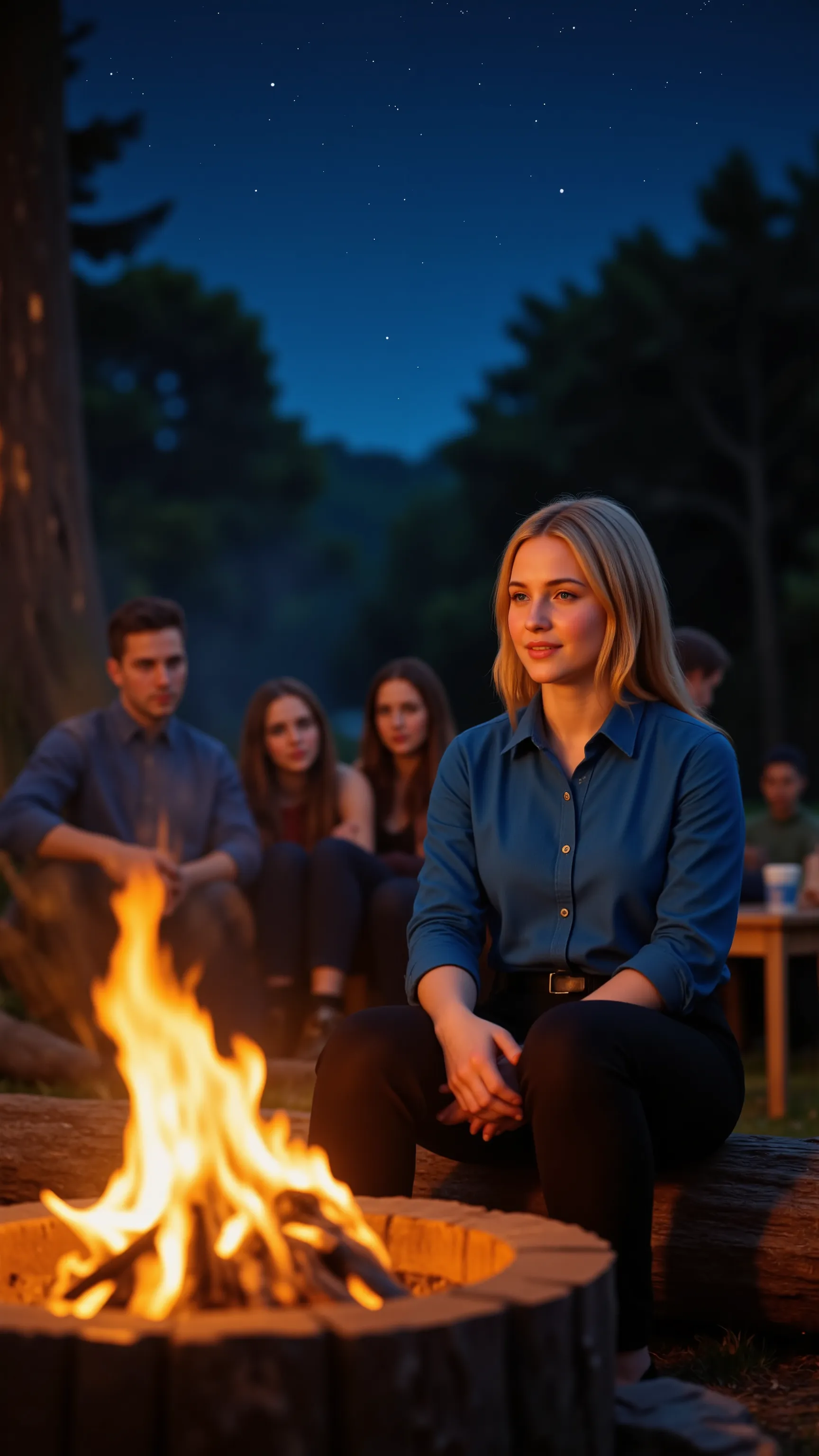 highdefinition images,campfire、Beautiful woman、sit on a tree stock in a blue shirt and black pants style、I'm watching the fire、A fun time with a few friends