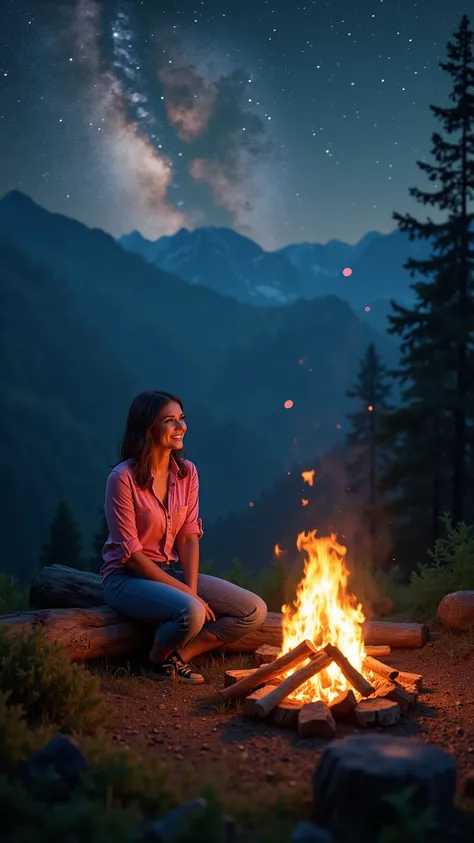 highdefinition images,山の上でcampfire、Beautiful woman、sit on a tree stock in a ピンクのshirt and デニムのpants style、I'm watching the fire、A fun time with a few friends、天の川銀河が見えている