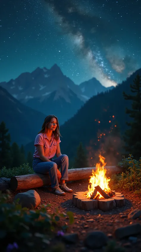 highdefinition images,山の上でcampfire、Beautiful woman、sit on a tree stock in a ピンクのshirt and デニムのpants style、I'm watching the fire、A fun time with a few friends、天の川銀河が見えている