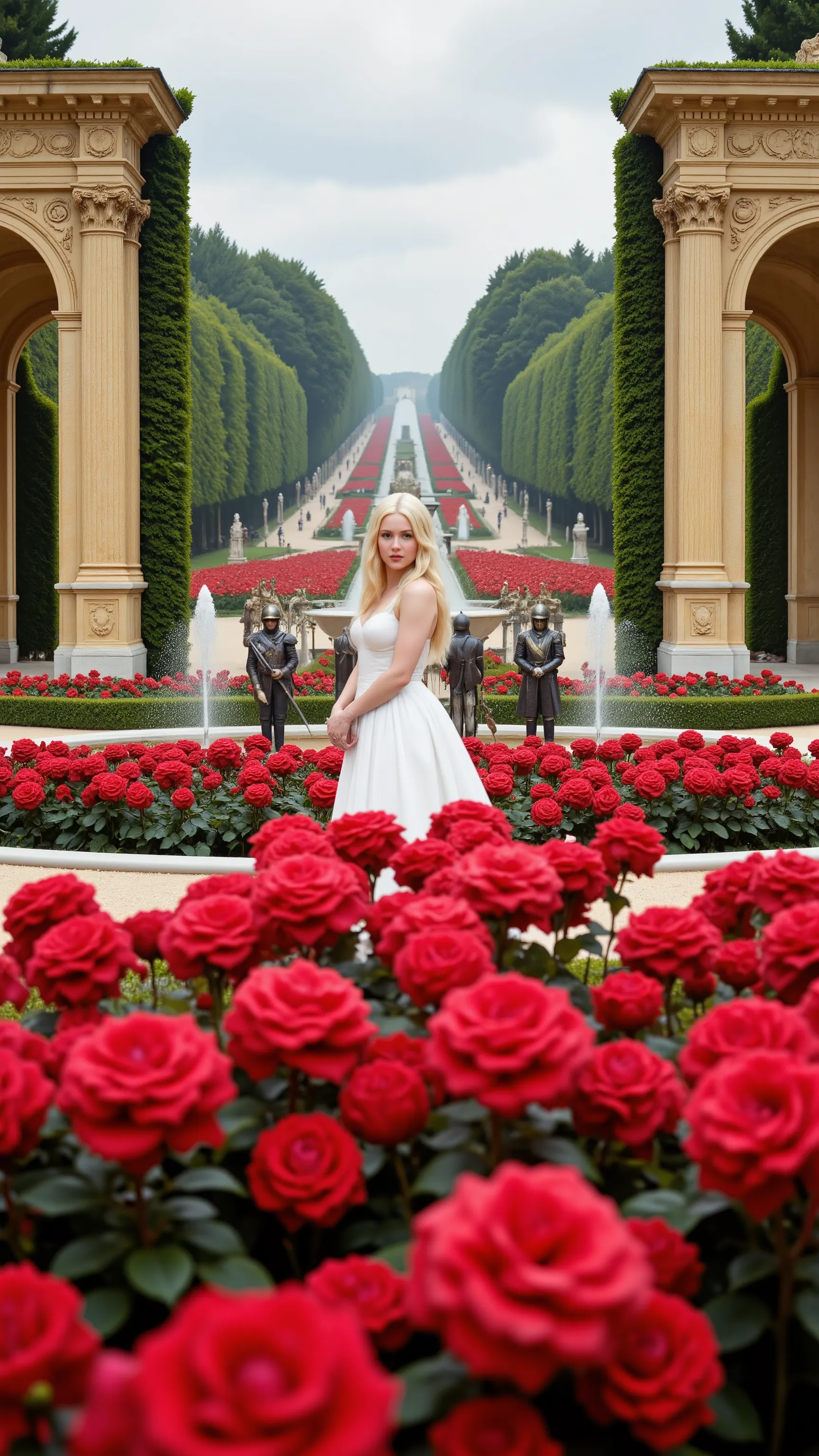 highdefinition images,The Rose Garden at the Palace of Versailles、Seeing 赤いRoses。The Princess in 白いDress、4人A medieval European knight guards it behind