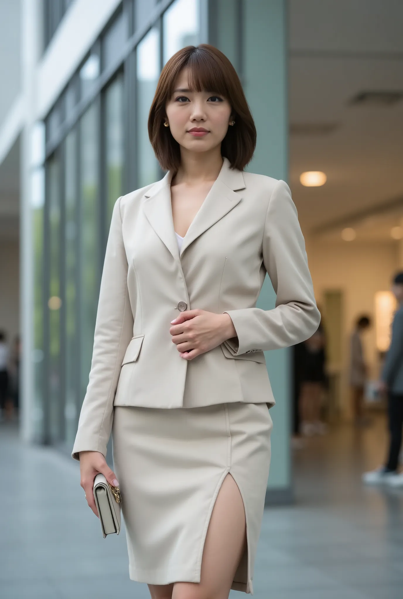 A stylish and confident Japanese woman with short hair, standing in front of a modern shopping complex with glass walls and clean lines, wearing a tailored cropped blazer with a cinched waist and matching high-waisted fitted skirt, subtle slit on the side ...