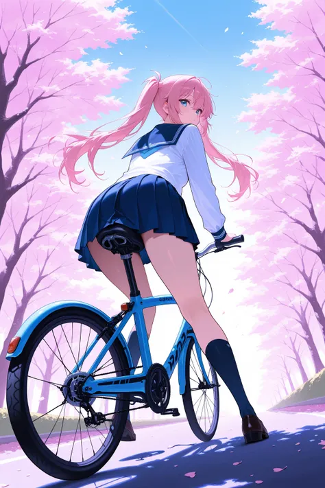 (score_9, score_8_up, score_7_up), source_anime, absurd_res, white, blue, black, 1girl, solo, super fine illustration, an extremely delicate and beautiful, best quality, masterpiece, 8K, stunningly beautiful girl, vibrant pink hair, twintail side-up, large beautiful blue eyes, detailed beautiful face, ideal curves, sailor uniform, sailor collar, mini pleated skirt, socks, loafers, bicycle, straddling bicycle, pedals, cherry blossoms in full bloom, falling petals, hillside road, view from behind, low angle view, epic moment, cinematic angle, official art style, bold composition, spring atmosphere, soft lighting, detailed background, school commute, morning scene, perfect proportions, nostalgic mood, vivid colors