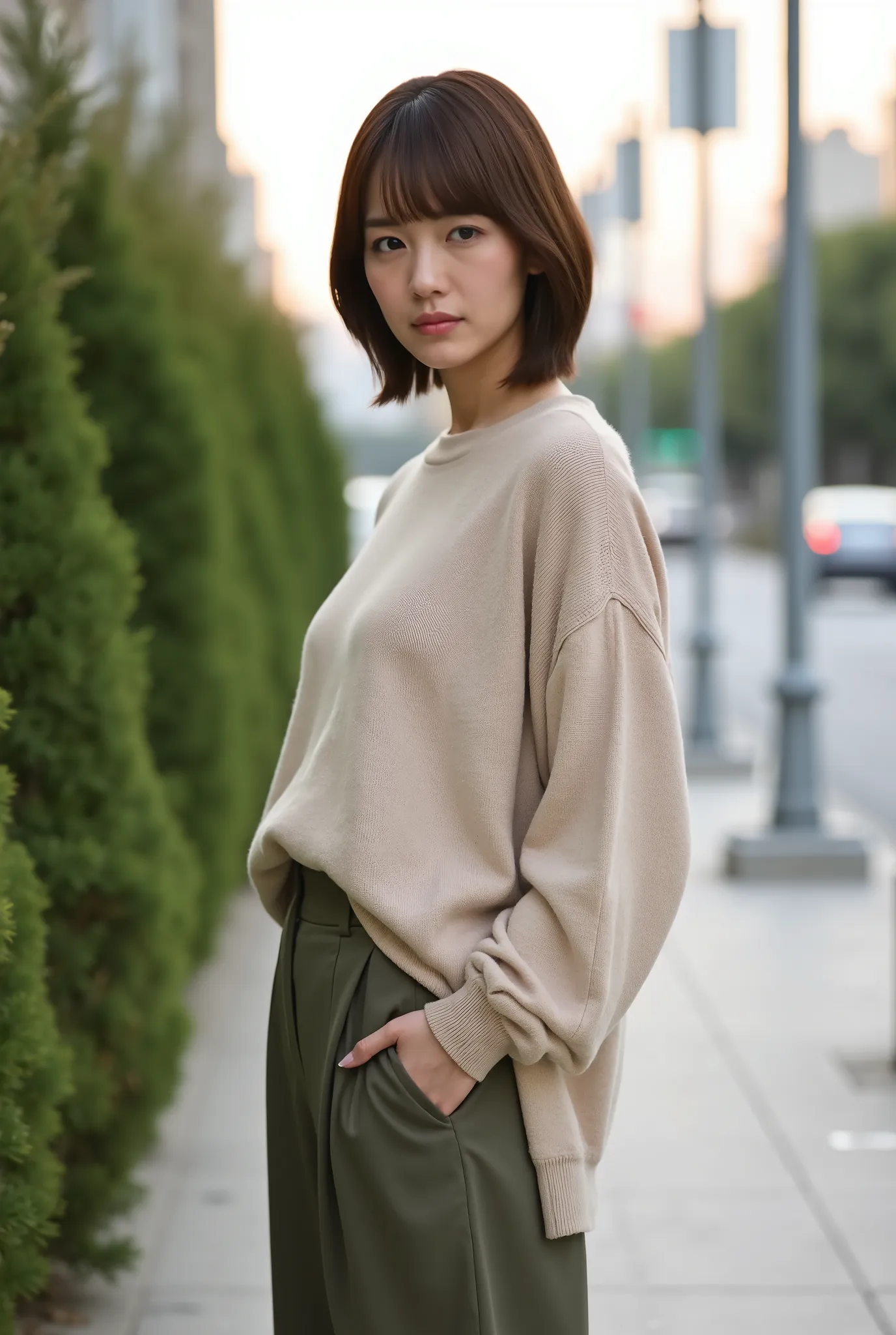 A refined and sensual Japanese woman with short hair, standing beside a row of manicured urban greenery along a wide pedestrian boulevard, wearing a soft-fitted beige knit top with deep side slits and high-rise pleated trousers in muted olive, framed from ...