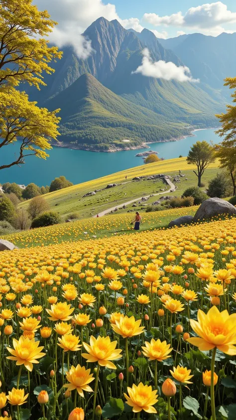 masterpiece、best image quality、夏の Scenery画像 、 fallen leaves on the plateau  Scenery、 woman in ピンクのドレス、 fallen leaves on the plateau 、  Scenery、Colourful wild grass flower、pictures of trees and flowers、  deeply written  、high definition、yellow lotus flower different color、photorealism、very well detailed、Art Station、The person is small 、 complicated 、High detail、The ocean can be seen in the distance。