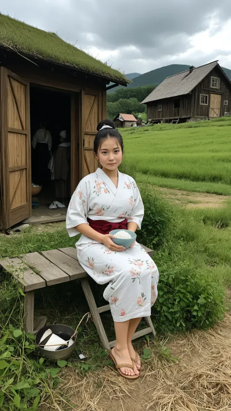 Beautiful young Japanese woman, around 25 years old, in a rural village in Japan. She has straight black hair tied in a simple bun, pale skin and tired expression,  but serene . She wears a cheap cotton kimono, faded and patched up, with straw sandals. It'...